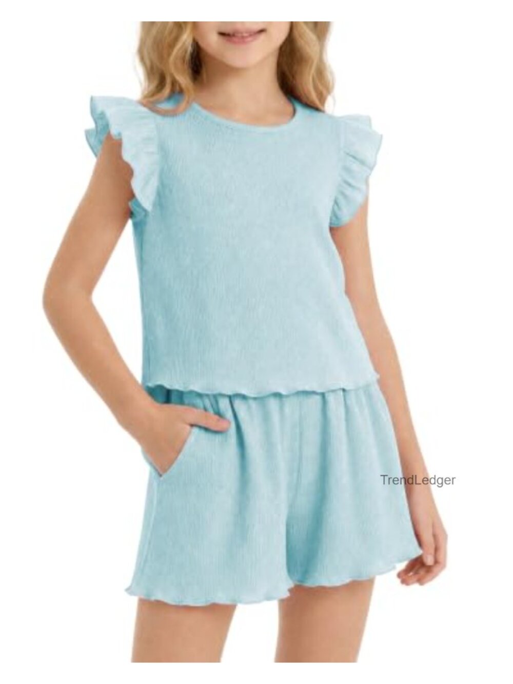 Girls 2 Piece Summer Outfit Flutter Sleeve Top and Shorts Set